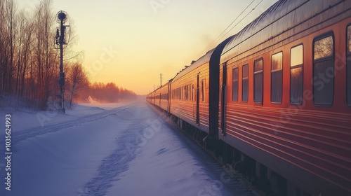 A Trans-Siberian Railway train traveling through the vast snow-covered Russian landscape. photo