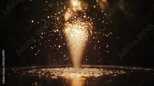 A fountain firecracker shooting up, creating a cascade of sparkling light against the dark ground