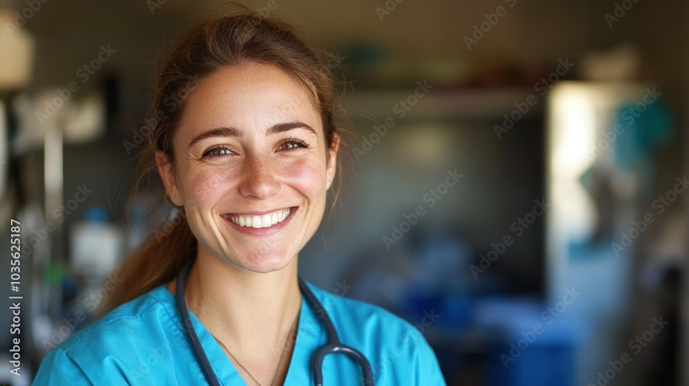 Portrait of a veterinarian smiling, softly blurred background of a veterinary clinic. Portrait of a veterinarian smiling, softly blurred background of a veterinary clinic.