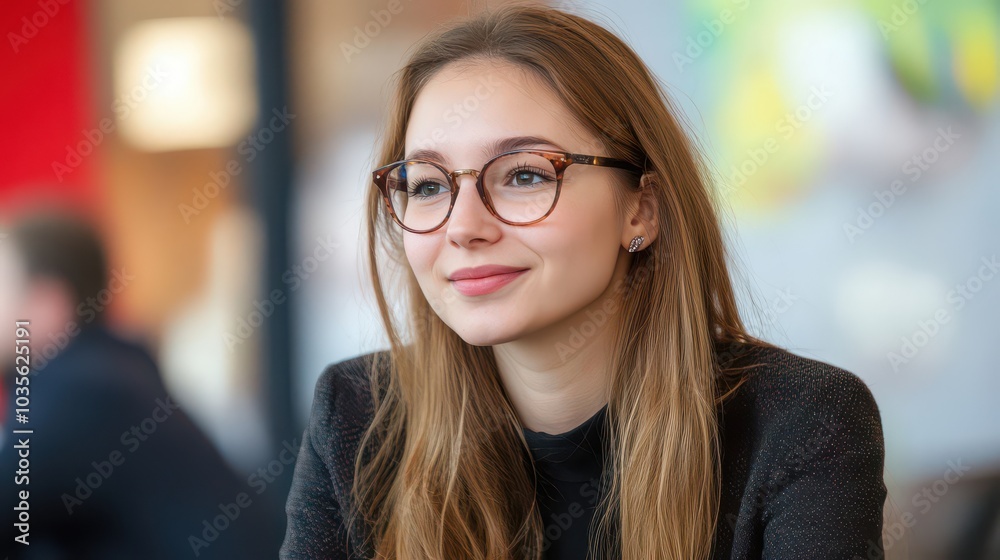 Young Woman with Glasses Smiling in a Cafe Setting Young Woman with Glasses Smiling in a Cafe Setting