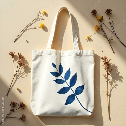 TOte bag and shopping bag Flat lay image of a simple, unbranded jute or linen shopping tote bag with a hand-drawn floral or leaf design printed in a single color on the side panel mockup design