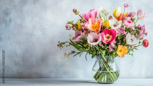 Vase of fresh spring flowers on a plain table, white background, soft pastel tones