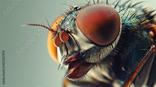 Close-up of a fly on a pure white background, highlighting the intricate veins of its wings and detailed proboscis, in a clutter-free environment.