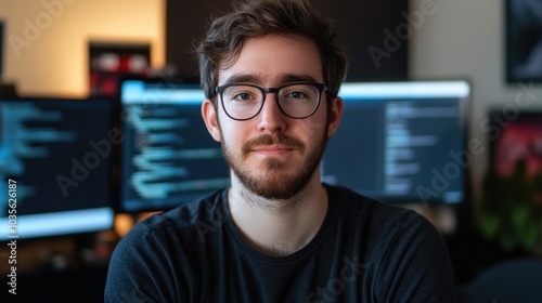 Portrait of a developer in a modern workspace, subtle background of computer screens.