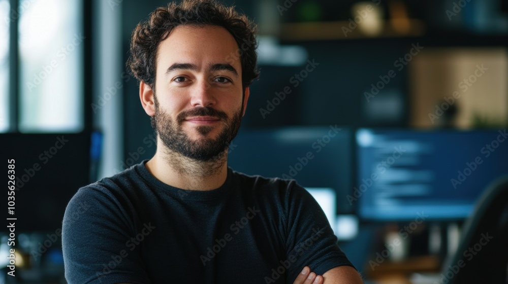Portrait of a developer in a modern workspace, subtle background of computer screens. Portrait of a developer in a modern workspace, subtle background of computer screens.