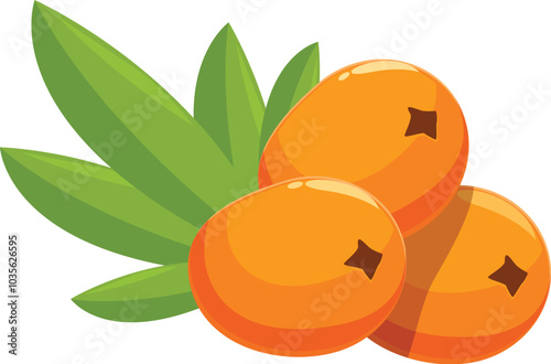 This illustration shows three ripe sea buckthorn berries with leaves, bursting with color