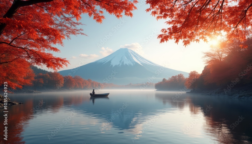 Naklejka premium A picturesque view of Mount Fuji reflected in a calm lake, framed by vibrant red autumn leaves. The image represents natural beauty, tranquility, and seasonal change.