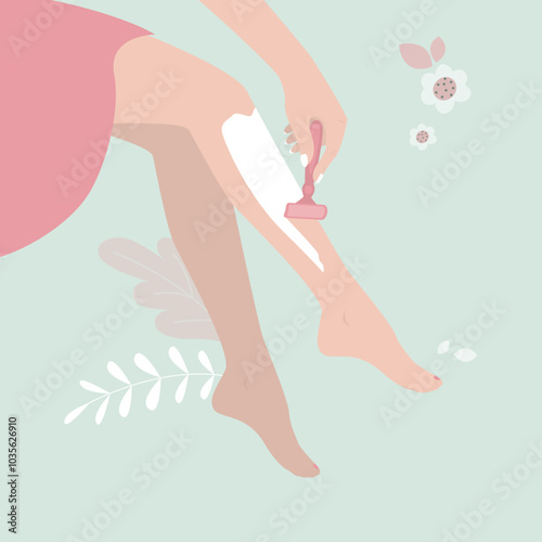 Woman shaving her legs. Hair removal. Body care, beauty, skincare, depilation concept. Young lady uses manual razor and does depilation. Happy girl shaves legs in bathroom
