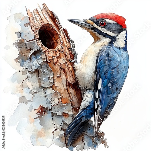 Colorful Woodpecker on White Background in Watercolor Style photo