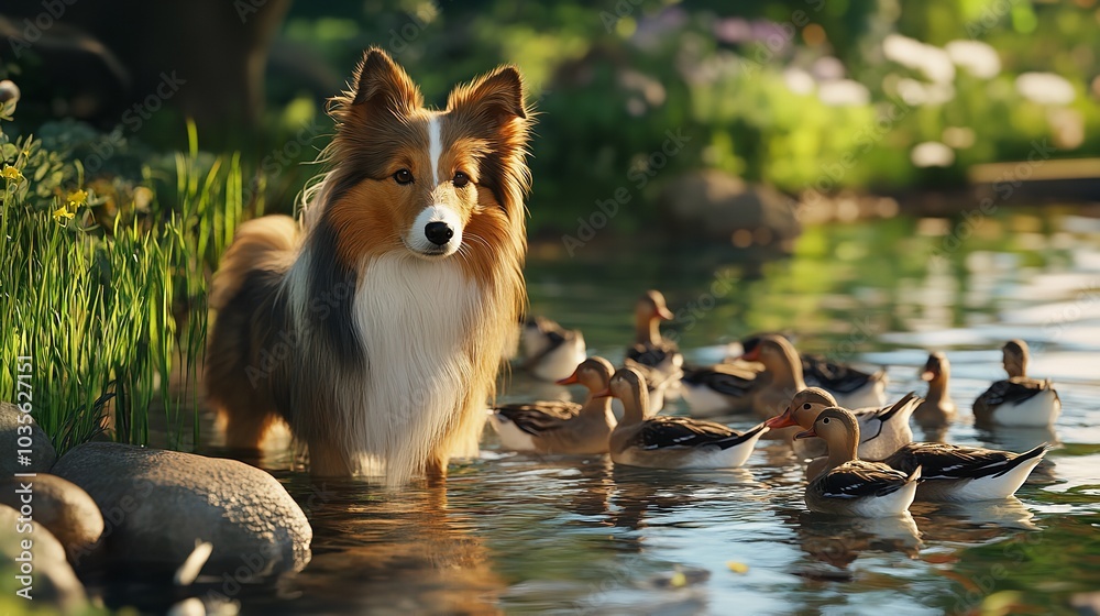 Shetland Sheepdog Herding Ducks in a Small Pond Shetland Sheepdog Herding Ducks in a Small Pond
