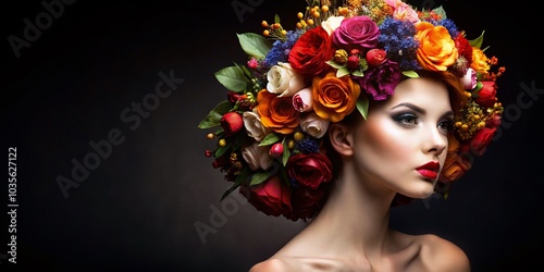 Vibrant Hair and Floral Headpiece on Woman's Face in Architectural Photography Style