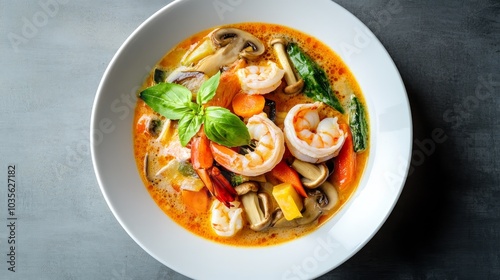 A vibrant bowl of shrimp soup with vegetables and herbs.