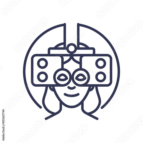 Illustration of a person using a phoropter for an eye exam, symbolizing vision testing.
