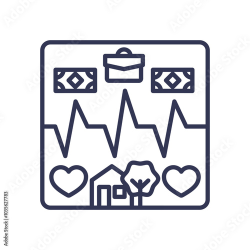 Icons of hearts, house, tree, money, and briefcase symbolize balanced wellbeing.