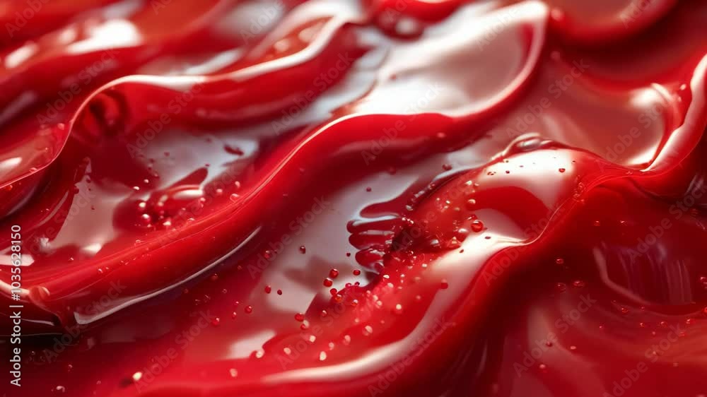 The vibrant red jelly flows in waves, showcasing its smooth texture and glossy surface illuminated by gentle light The vibrant red jelly flows in waves, showcasing its smooth texture and glossy surface illuminated by gentle light