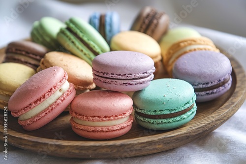 Multi colored macaroons on a wooden plate. Flat lay french dessert