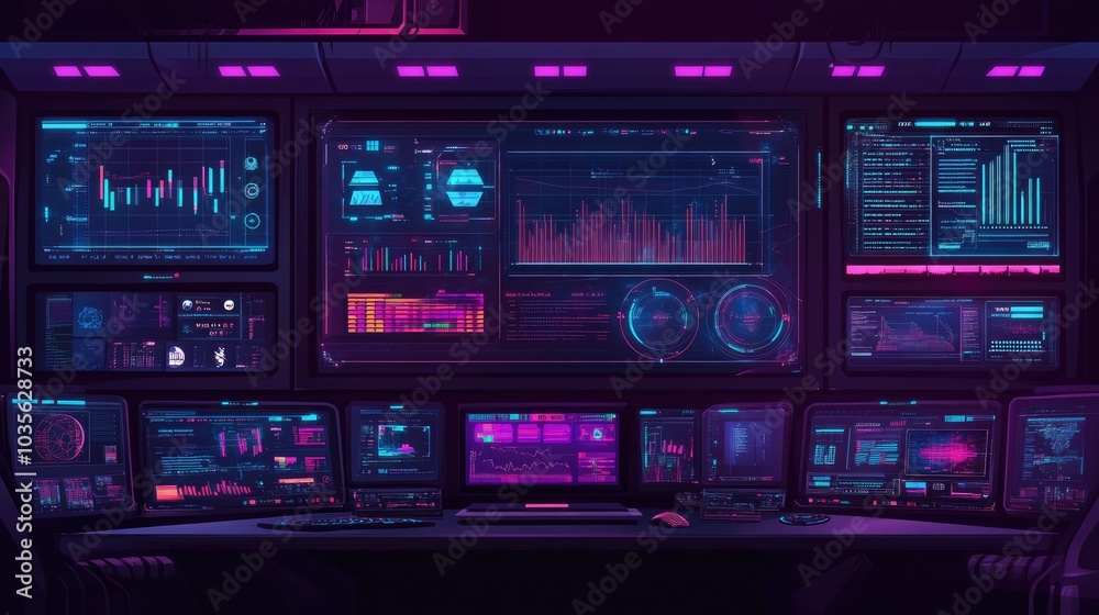 A futuristic command center with multiple computer screens displaying data and graphs in neon blue and pink hues. A futuristic command center with multiple computer screens displaying data and graphs in neon blue and pink hues.