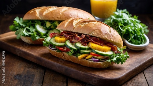 A delicious sandwich with ham, vegetables, cheese, and lettuce on a board photo