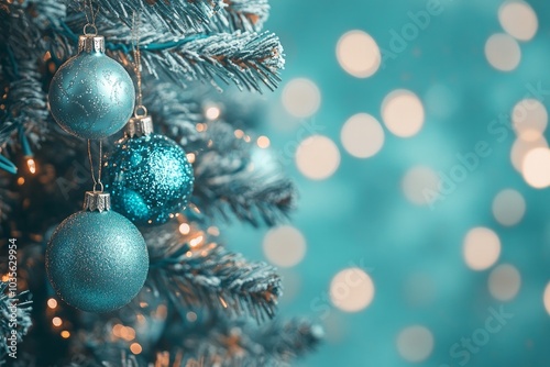 Festive Christmas background. Sparkling balls on the Christmas tree, blurred bokeh lights. 