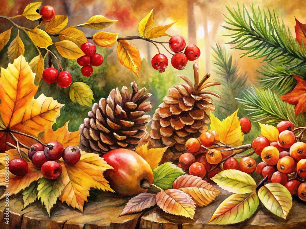 Fototapeta premium Autumn Forest Berries and Bumps in Watercolor Style - Vibrant Seasonal Nature Imagery