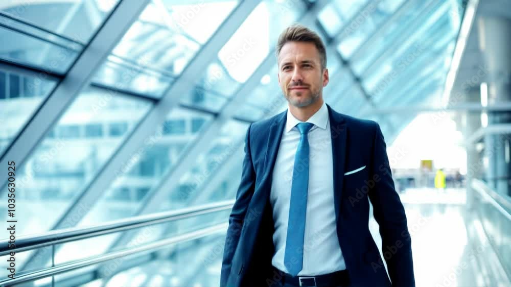 A businessman strides through a contemporary glass office space, exuding confidence and professionalism in his formal attire A businessman strides through a contemporary glass office space, exuding confidence and professionalism in his formal attire
