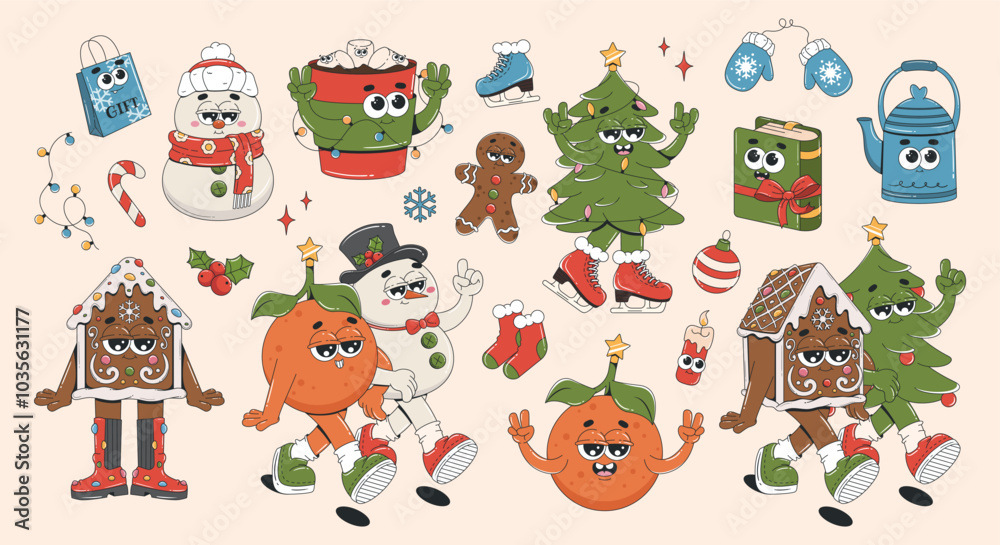 Big Christmas sticker collection in trendy retro groovy style. Cartoon characters and elements - snowman, christmas tree, mittens, tangerine, gingerbread house, book. Big Christmas sticker collection in trendy retro groovy style. Cartoon characters and elements - snowman, christmas tree, mittens, tangerine, gingerbread house, book.