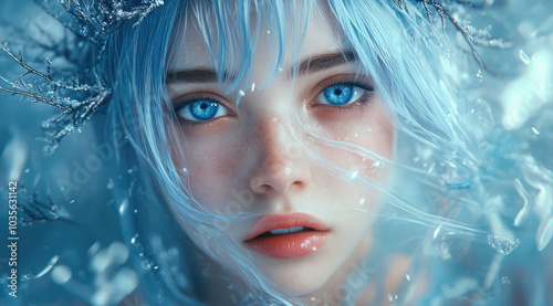 A beautiful girl with blue hair and a crown of ice