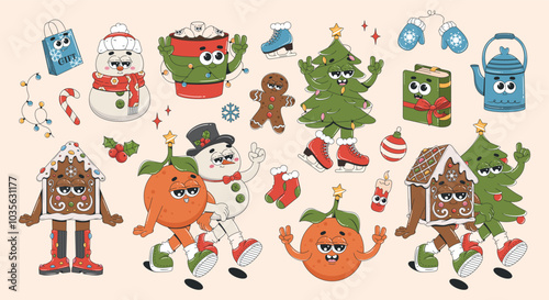 Big Christmas sticker collection in trendy retro groovy style. Cartoon characters and elements - snowman, christmas tree, mittens, tangerine, gingerbread house, book.