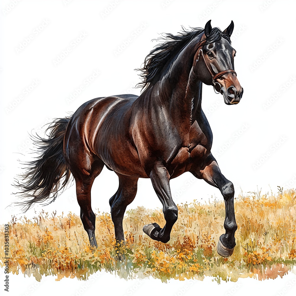 Obraz premium Majestic Black Horse Watercolor Portrait on White Background