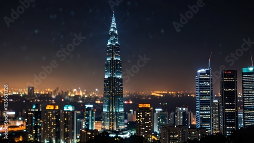 A stunning night cityscape with a tall skyscraper illuminated against a backdrop of a starry sky.