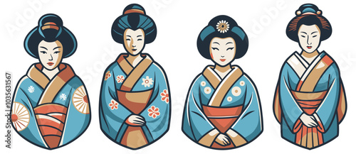 Asian culture set of elements. Collection with traditional symbols of asia. Set of four beautiful geishas wearing traditional colorful kimono with floral patterns