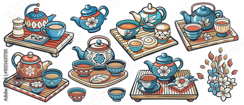 Collection of asian tea ceremony elements featuring various teapots, cups, and decorative trays. Asian culture set of elements. Collection with traditional symbols of asia