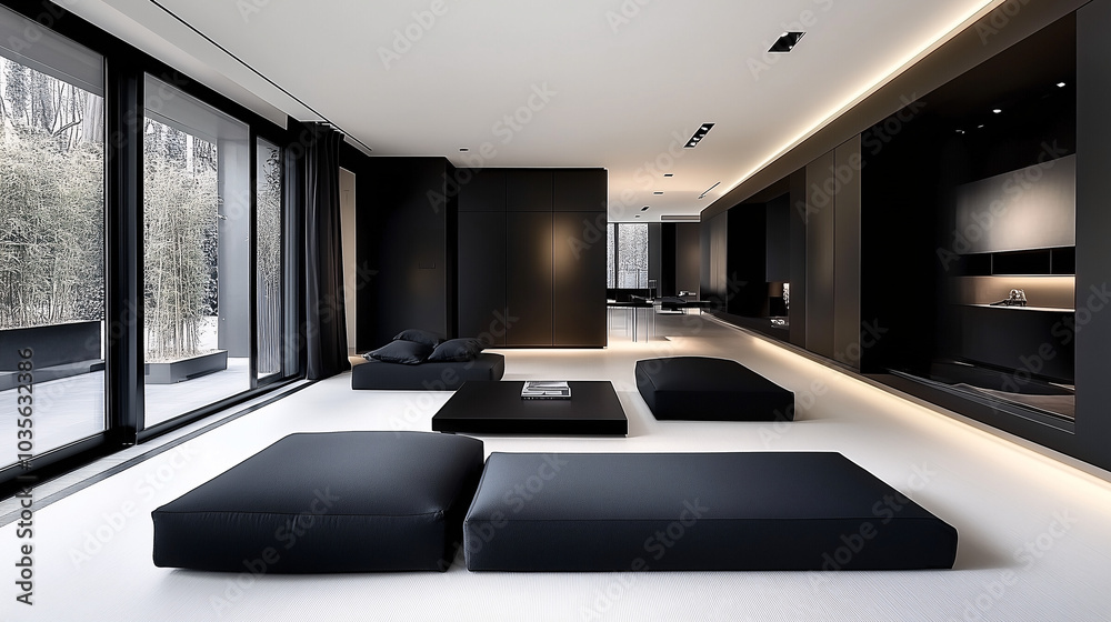 Scandinavian-style minimalist space with monochrome floor cushions and a low-profile coffee table Scandinavian-style minimalist space with monochrome floor cushions and a low-profile coffee table