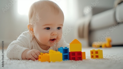 A joyful baby playing with colorful building blocks on a soft carpet in a bright and cozy room.