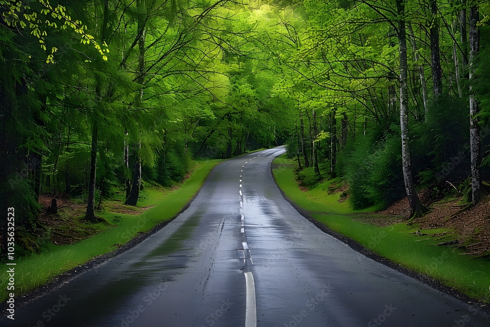 Serene Curved Road Through Lush Green Forest Serene Curved Road Through Lush Green Forest