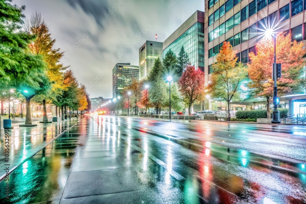 Obraz premium Autumn Night Cityscape with Neon Lights and Reflections on Wet Asphalt