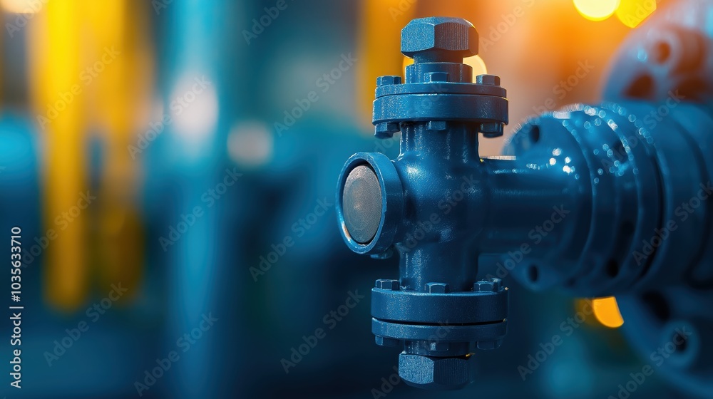 Close up of a blue steel industrial valve component in an oil and gas pipeline or processing equipment Concept of industrial engineering energy infrastructure and factory maintenance Close up of a blue steel industrial valve component in an oil and gas pipeline or processing equipment Concept of industrial engineering energy infrastructure and factory maintenance