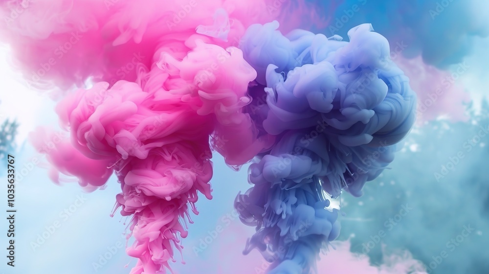Dense multicolored smoke of red, purple and pink colors on a black isolated background. Background of smoke