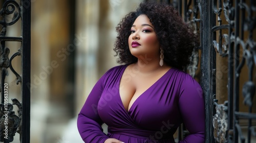 beautiful plus size woman in purple dress by ornate gate, blurred architectural details, luxurious and refined atmosphere photo