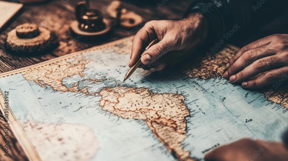 Close-up of hands pointing at a location on a map, soft and clean composition. Close-up of hands pointing at a location on a map, soft and clean composition.