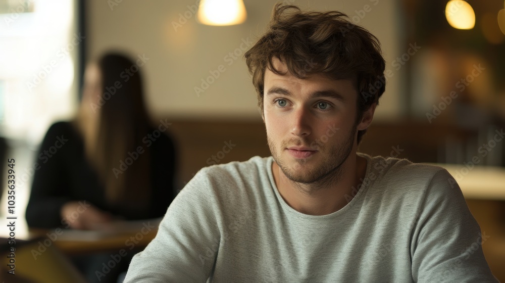 Fototapeta premium young man at a round table, focused in discussion, soft background blur
