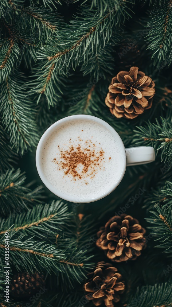 Festive coffee cup nestled pine branches with cinnamon