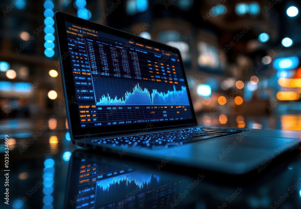 Laptop Displaying Stock Market Data on a Nighttime Desk Laptop Displaying Stock Market Data on a Nighttime Desk