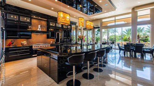 Sleek kitchen interior with black cabinetry, minimal decor, and a large island