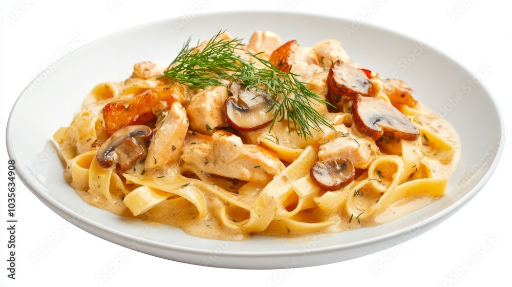 Creamy pasta dish with chicken, mushrooms, and herbs, served on a white plate. Creamy pasta dish with chicken, mushrooms, and herbs, served on a white plate.