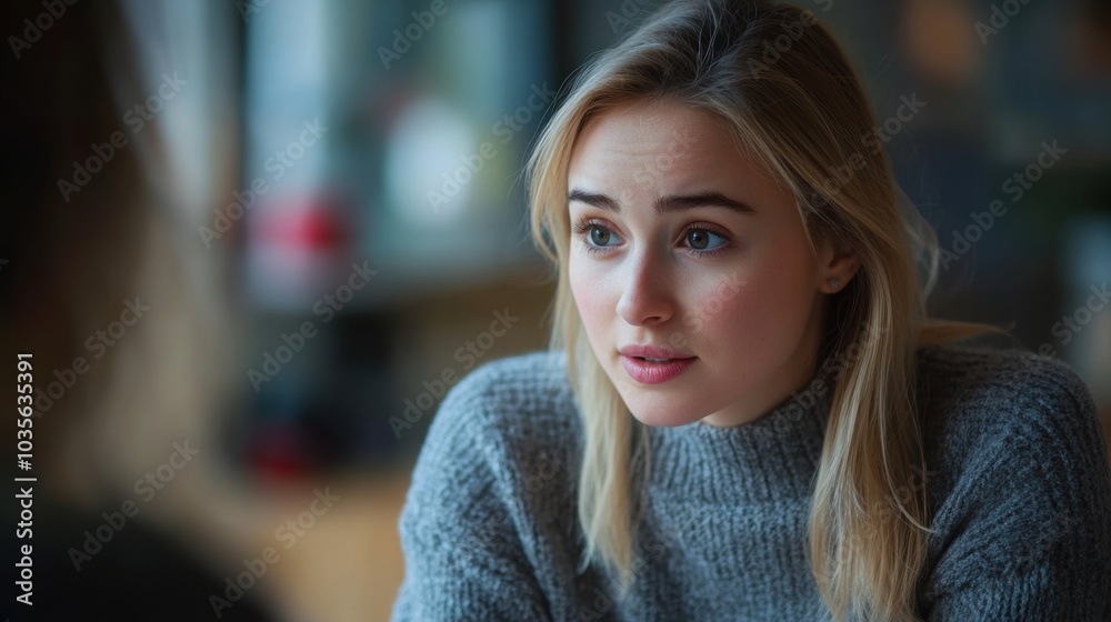 Obraz premium young blonde woman in a gray sweater at a round table, focused in discussion, soft background blur