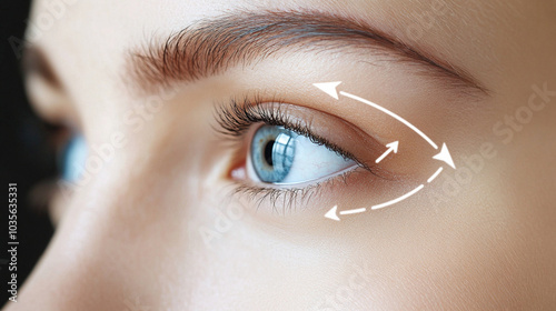 Closeup view of lady eye with arrows point in direction of planned oculoplastic surgery to tighten and lift the skin around the eyes