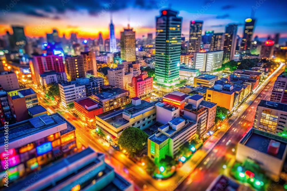 Vibrant Urban Downtown with Colorful Buildings and Blank Billboards for Advertising Opportunities