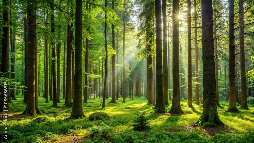 Fototapeta premium A rich and dense forest with tall trees and a carpet of green underbrush, landscape, environment