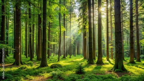 A rich and dense forest with tall trees and a carpet of green underbrush, landscape, environment